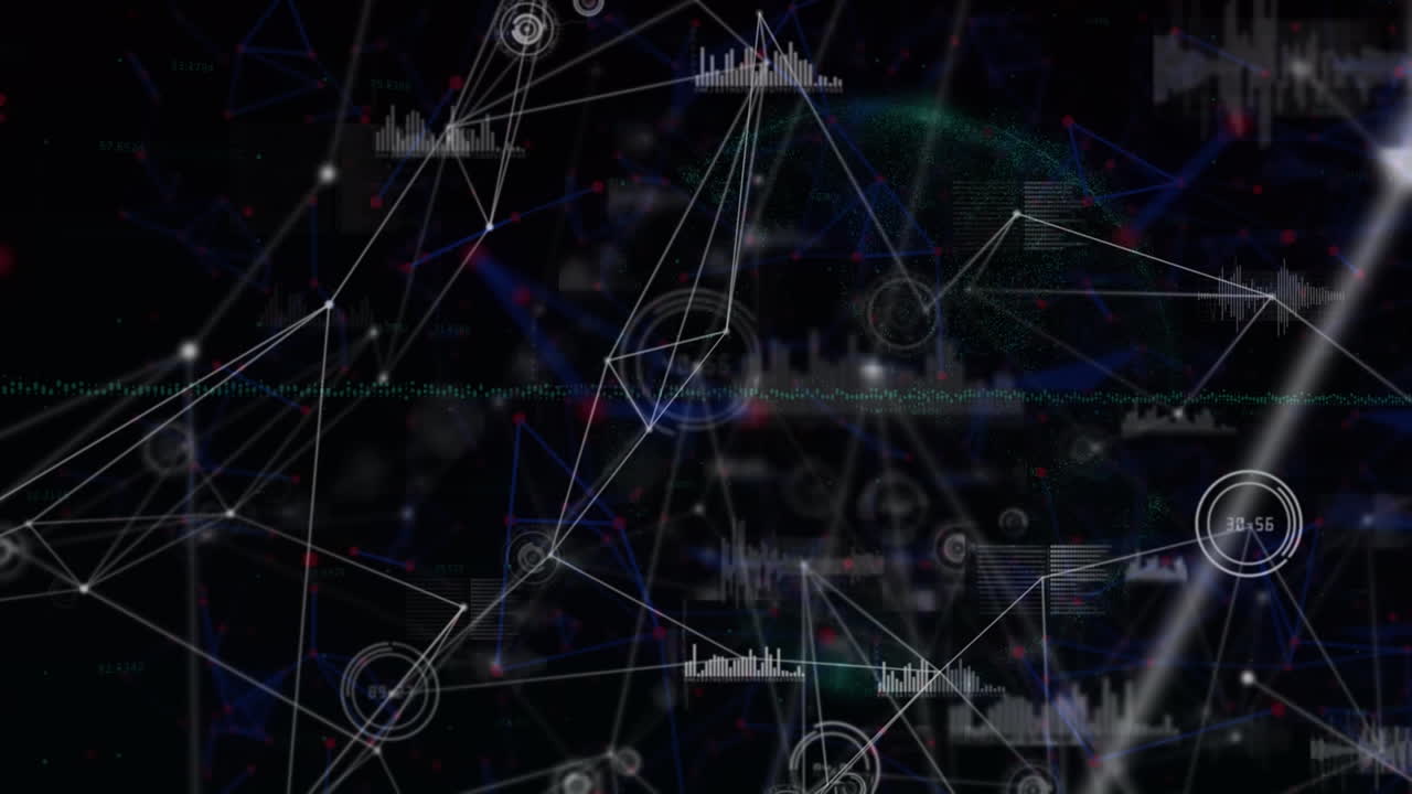 Animation of globe with network of connections with statistics and glowing spots