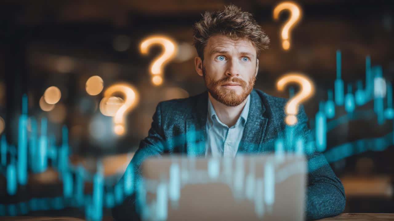A Pensive Man Contemplating Uncertainties in Business Metrics, Graphical Data Trends, and Future Decisions Represented by Question Marks
