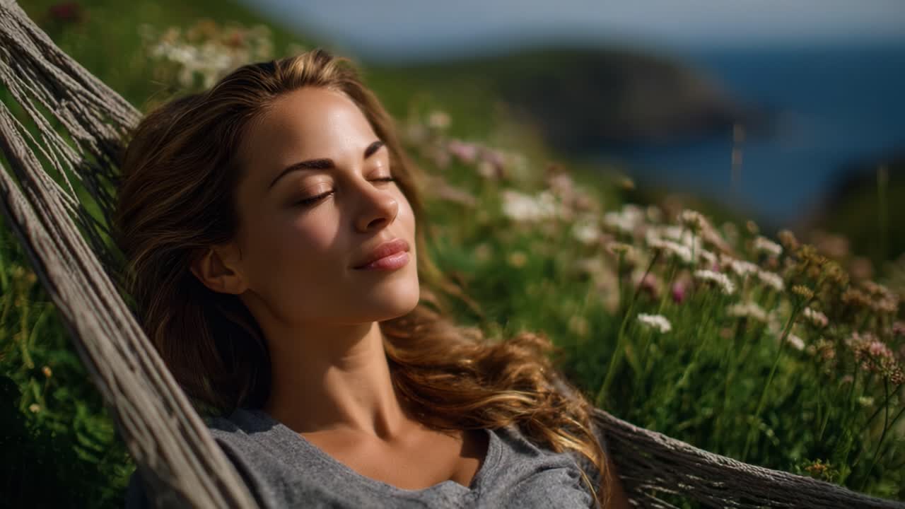 Momentos de Paz na Natureza: Uma Mulher Relaxando em uma Rede Cercada por Flores Silvestres e Paisagens Deslumbrantes, Abraçando a Serenidade e a Luz do Sol
