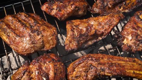 Tasty-ribs-cooking-on-barbecue-grill-for-summer-outdoor-party