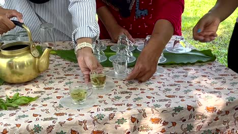 People-serving-healthy-green-herbal-tea-beverage-from-brass-pot-outdoors-in-Thailand