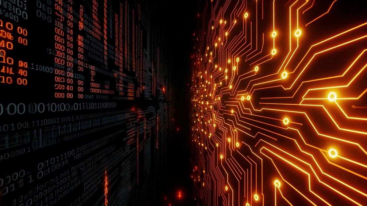 Abstract Digital Technology Background with Glowing Circuit Board and Binary Data