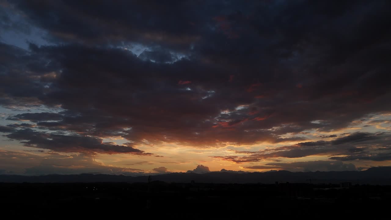 A tropical skyline at sunset, framed by palm silhouettes