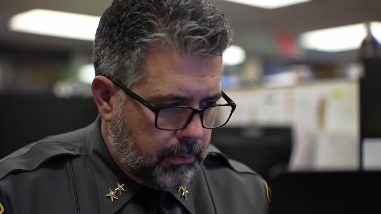 Focused Law Enforcement Officer Engaged in Detailed Work at Desk Amidst Office Environment, Demonstrating Dedication to Duty and Professionalism in Critical Situations