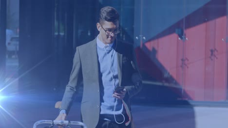 animation of light spots over biracial businessman using smartphone