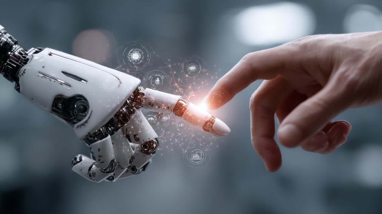 An Intriguing Interaction Between Humanity and Technology: A Human Hand Reaches Out to Connect with a Robotic Hand, Symbolizing the Fusion of Emotion and Innovation