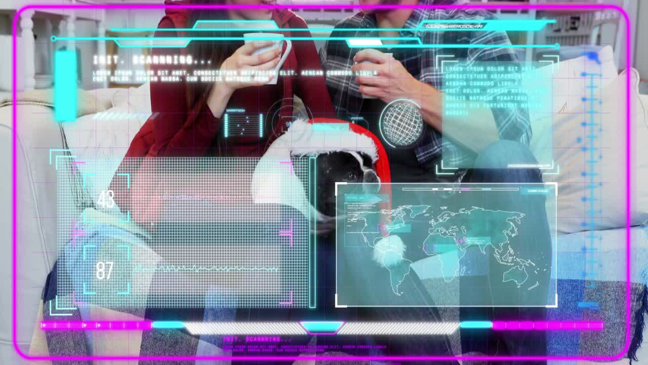 Man tapping phone, woman leaning in, comparing screen, sharing holiday HUD panels with dog, mugs