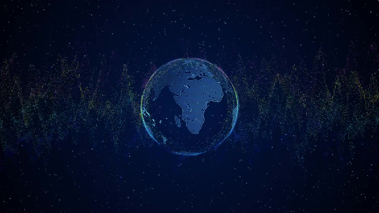 Digitaalinen pyörivä maapallo abstraktilla ääniaaltovisualisoinnilla
