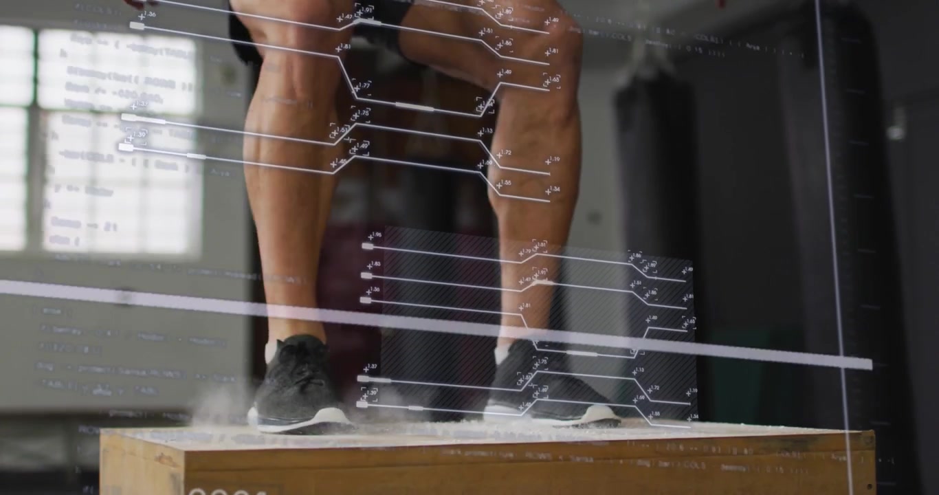 Man nearing plyo-box crouching exploding into box-jump landing and stabilizing training HUD moving