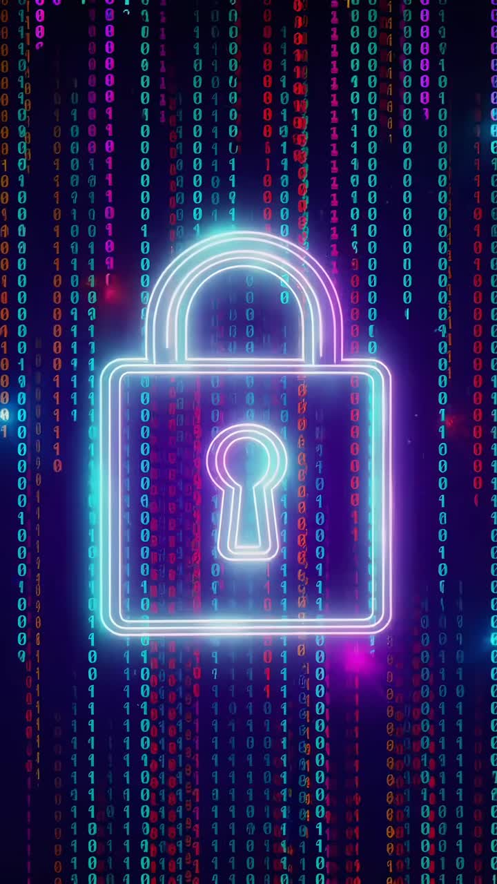 Aerial view of a neon lock on a digital matrix background, concept for cybersecurity video