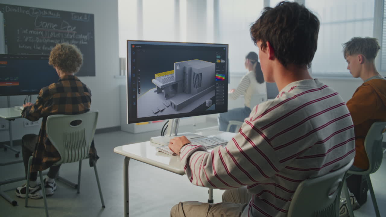 Young Man with Dark Hair Concentrates on 3D House Design at Computer in Classroom