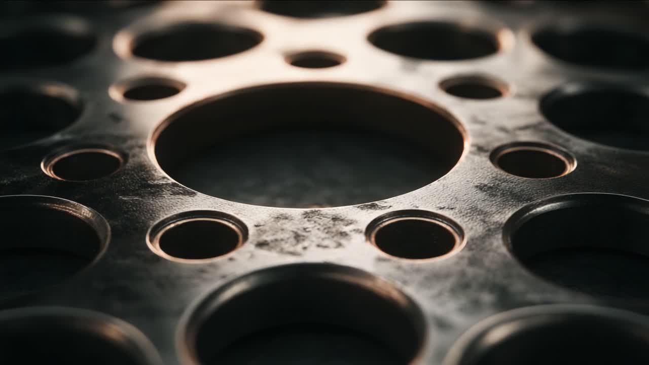 Close-ups de uma placa de metal circular com múltiplos furos, destacando um design intrincado e detalhes texturizados sob condições de iluminação dramática.
