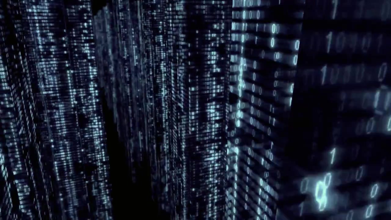 Flying Through a Futuristic Digital City of Binary Code