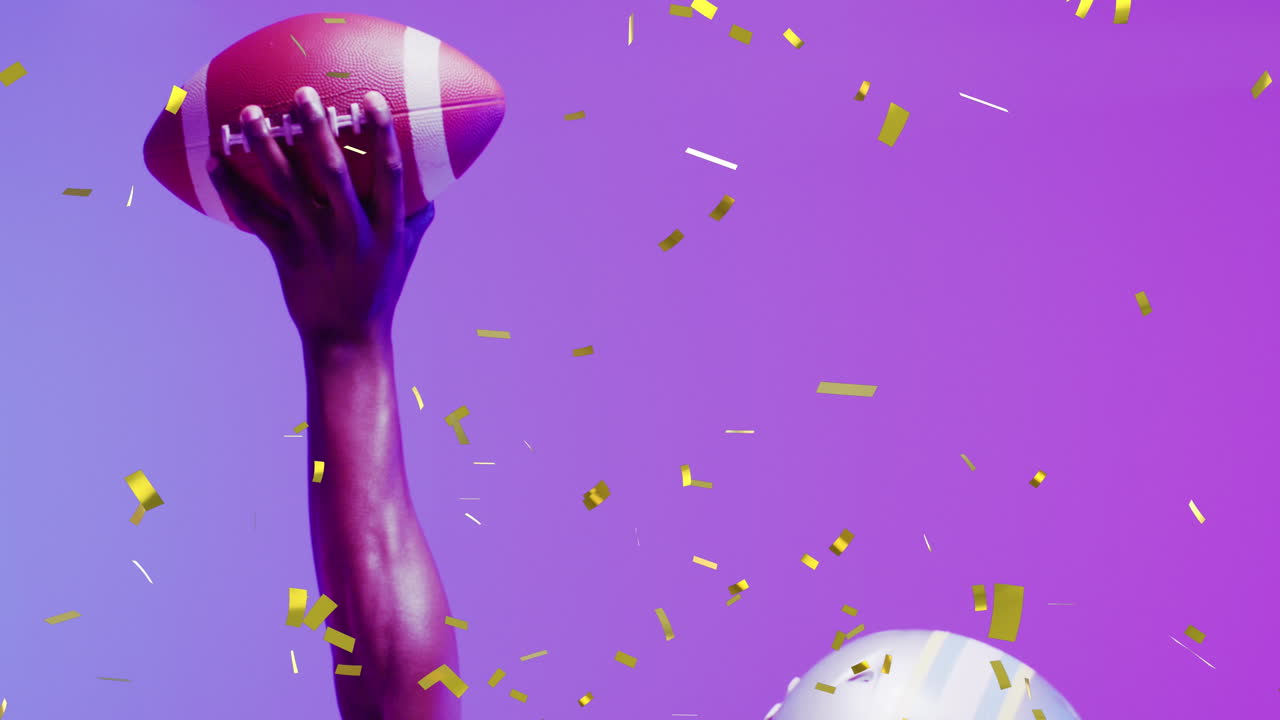 보라색 배경에 있는 미국 축구 선수 위에 떨어지는 콘페티의 애니메이션