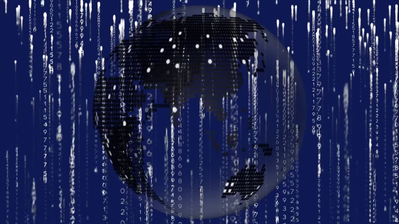 Animation of network of connections and binary coding over blue background