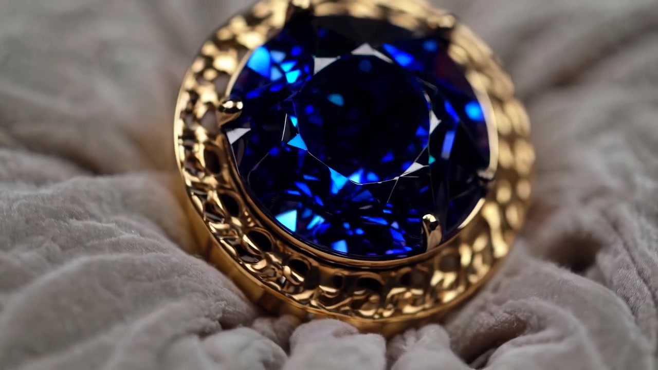 Rotating Close-up of a Brilliant Blue Gemstone in Gold Jewelry
