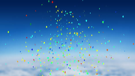 animation of multi coloured confetti falling over blue sky and clouds