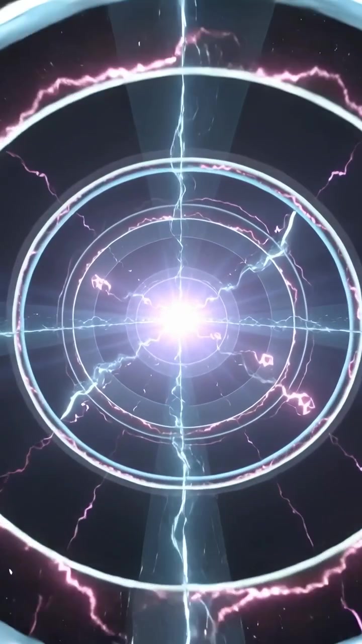 Video verticale: Nucleo in carica tramite una scintilla fioca, anelli pulsanti nel vuoto, che inviano una croce ciano e una corona rosa.