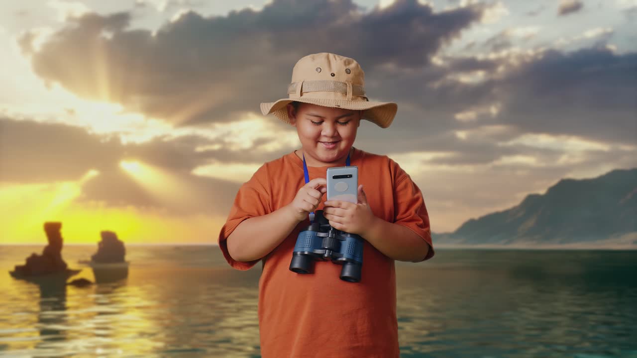 Asiatisk dreng med hat og kikkert, der kigger på sin smartphone og smiler på stranden. Ung forsker undersøger noget – rejse-, turisme- og eventyrkoncept