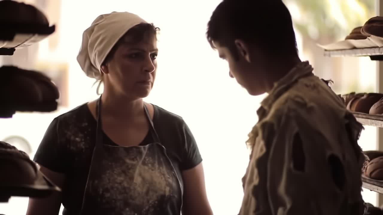 A baker and her apprentice collaborate in a warm, rustic bakery environment, nurturing skills and passion for artisan bread making amidst playful shadows and golden light