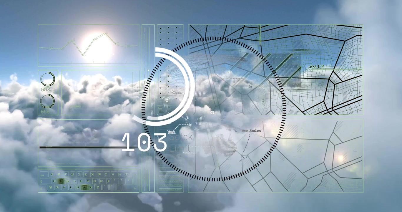 Sole che sorge sopra le nuvole, avviando la formazione di un globo digitale, caricando grafici UI che visualizzano il limite di scorte.