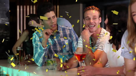 Confetti-animation-falling-over-people-sitting-at-bar-with-colorful-cocktails