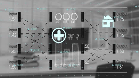 animation of data processing and diagrams over media icons and office