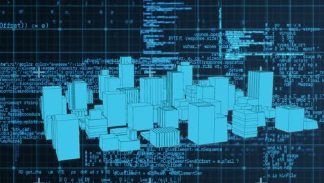 animación del procesamiento de datos digitales sobre el giro del paisaje urbano en 3d