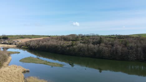 slow flowing, tidal river bandon in west cork, ireland with wild banks covered in forest an aerial footage