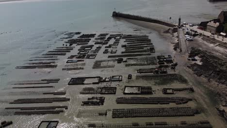 Aerial-4K-Drone-footage-of-a-large-oyster-farm,-Terrain-de-culture-d‘huîtres,-on-the-beach-of-Cancele,-Brittany,-France