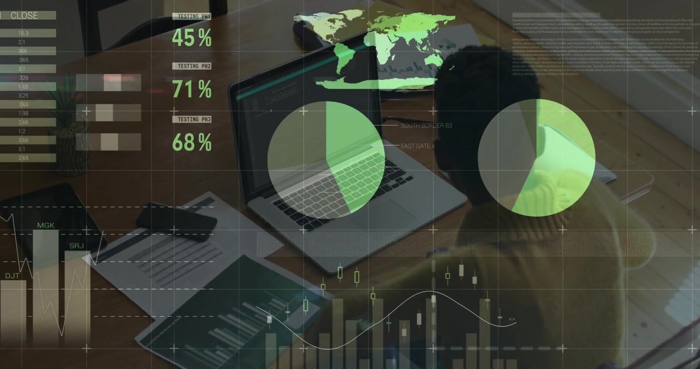 Woman tapping laptop keyboard triggers animated finance charts updating across tablet and laptop