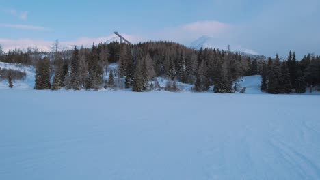 Aerial-drone-view-of-snowy-mountain-skii-landscape,-flying-above-fir-forest-reveals-ski-jumping-hill-structure,-cloudy-day,-High-Tatra-Slovakia,-forward-dolly-in