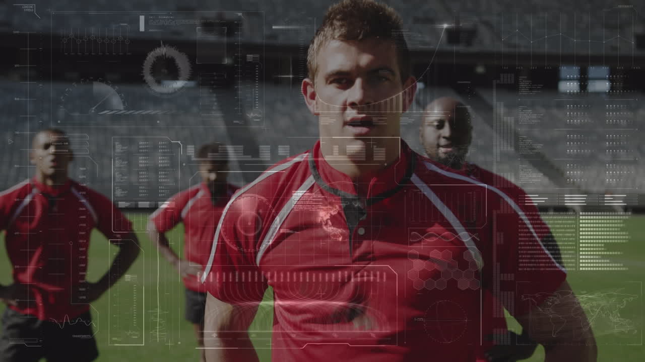 스포츠 경기장에서의 럭비 경기에 대한 데이터 처리 애니메이션