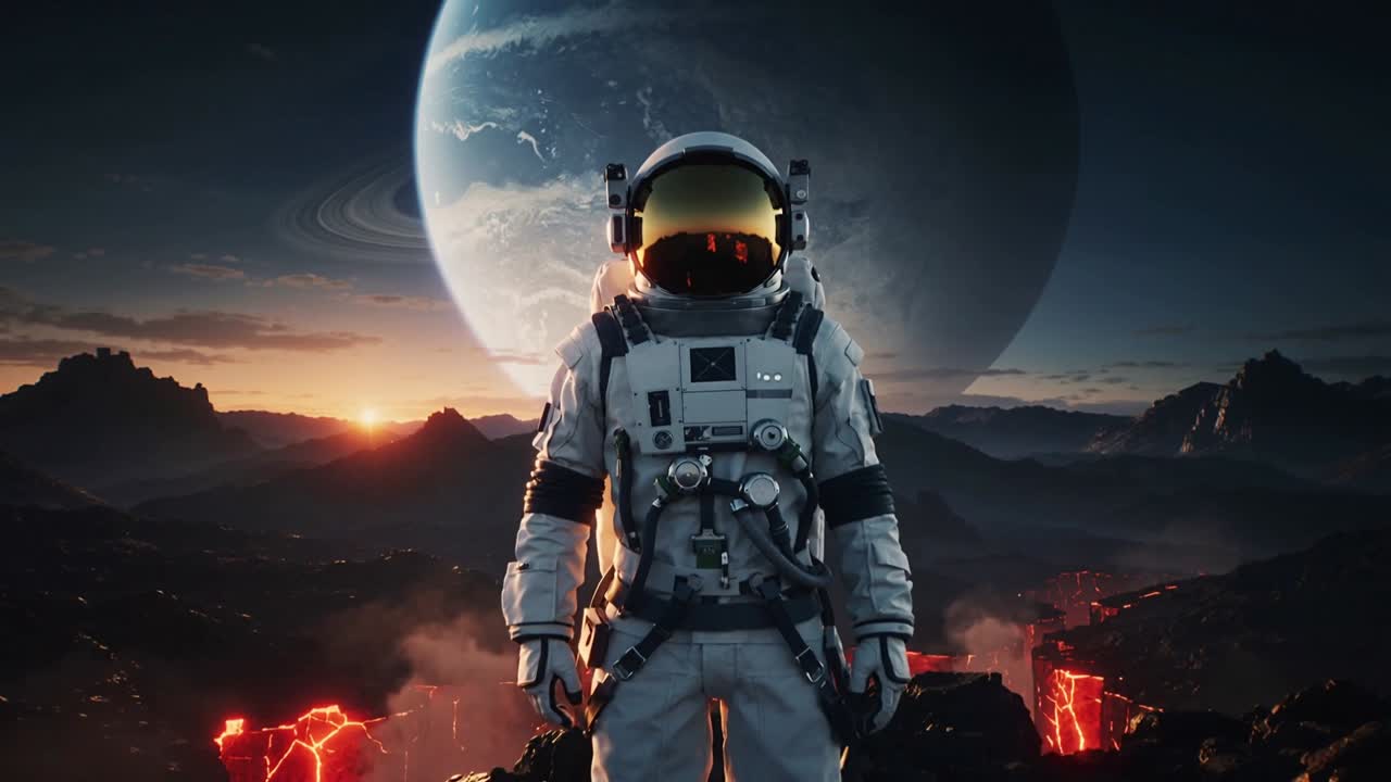 Kameraet kommer tættere på og afslører en astronaut, der står og overvåger en lavaplans, med et reflekterende guldvisir.