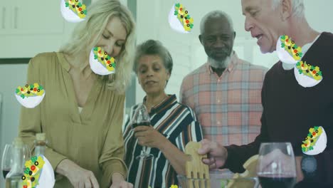 animation of salad icons over diverse group of seniors cooking