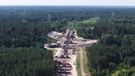 construction site of rail baltica bridge in lithuania, aerial view