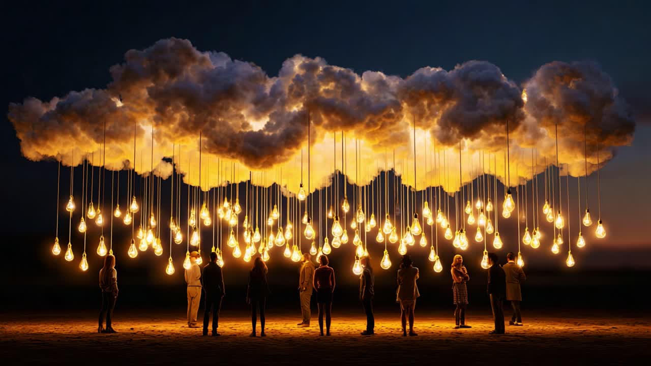 Illuminated Dreams: A Surreal Gathering Beneath a Floating Cloud of Light Bulbs, Capturing the Essence of Connection and Imagination in a Magical Twilight Setting