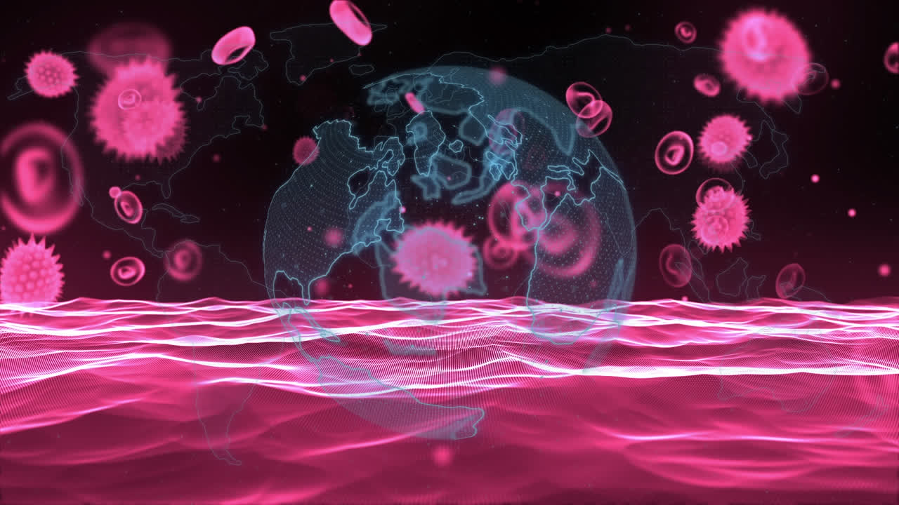 분홍색 디지털 파도에 대항하여 회전하는 지구 위에 떠다니는 코로나19 세포의 애니메이션