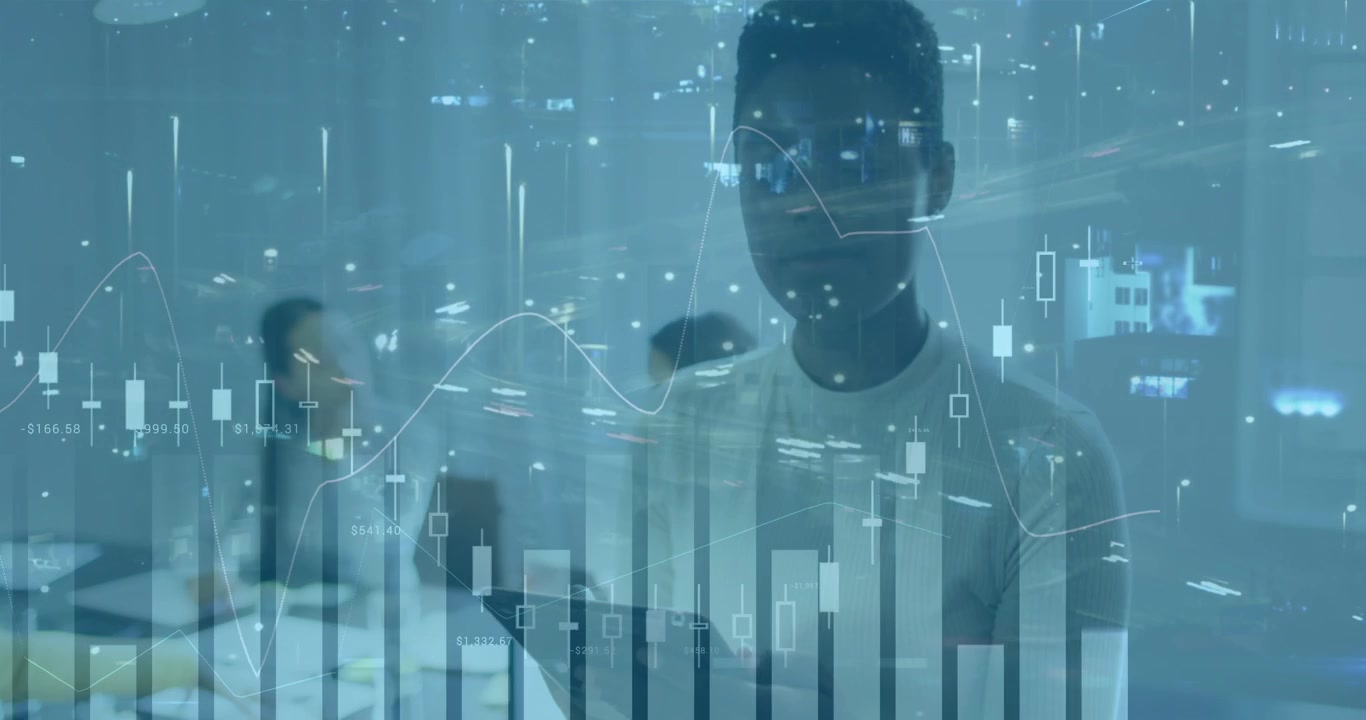 Animation of financial data processing and cityscape over diverse business people in office
