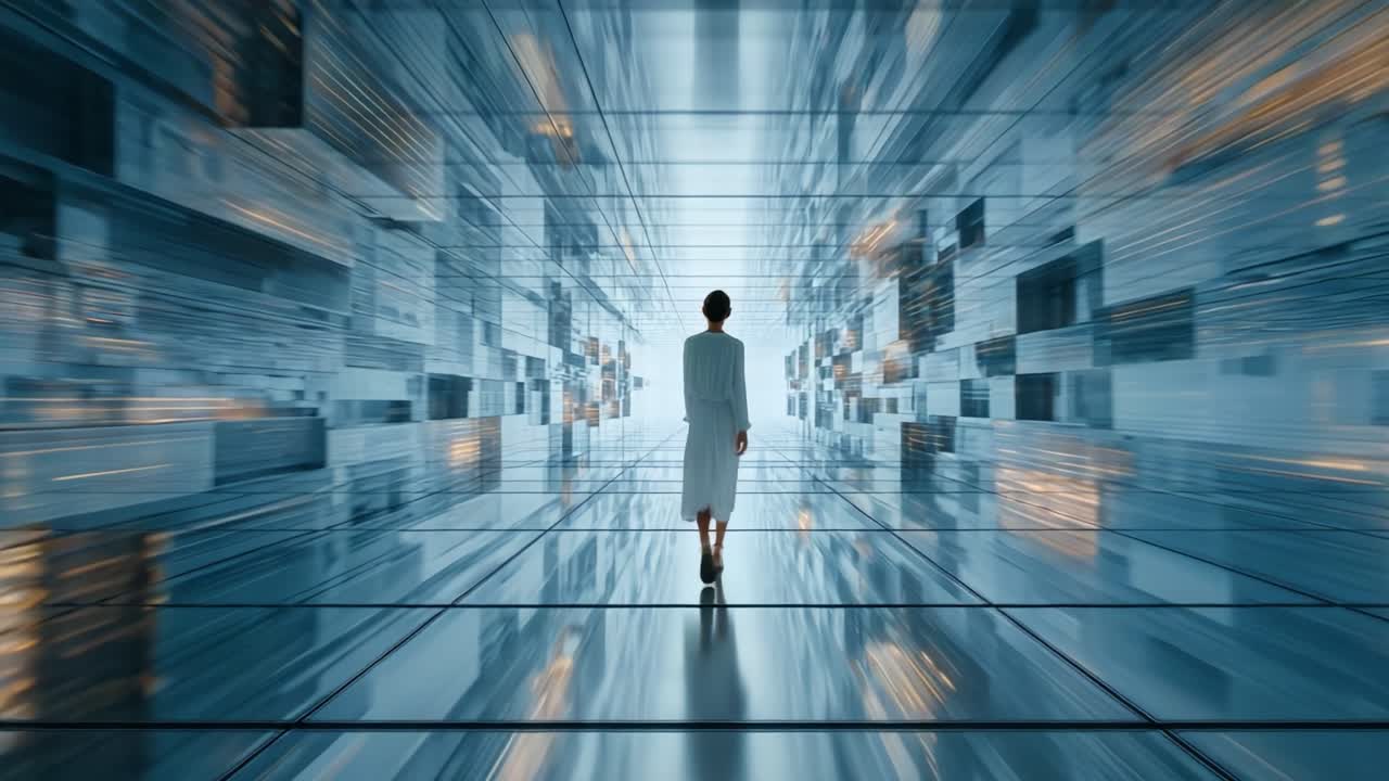 A Figure Walking Through an Abstract Digital Space, Surrounded by Illuminated Panels and a Futuristic Environment, Capturing the Essence of Exploration in a Virtual Realm