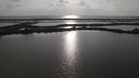 Vista-Aérea-En-Vuelo-Hacia-Adelante-De-Estanques-De-Pesca-Junto-Al-Mar,-Silueta-De-Espejo,-Cámara-Lenta