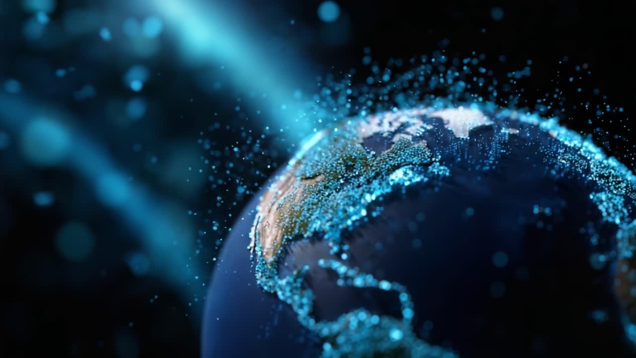 Terra digitale circondata da particelle blu luminose e raggi di luce, che cattura l'essenza di un mondo connesso in immagini straordinarie ad alta definizione