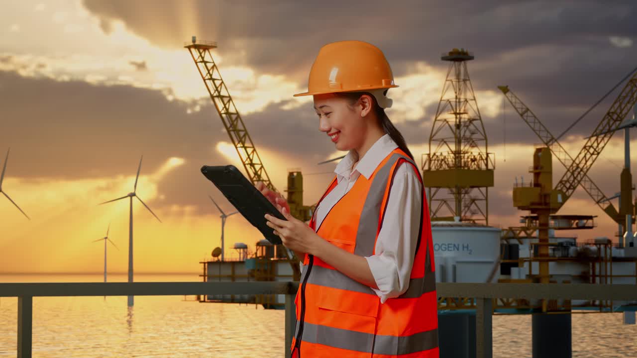 Female Engineer Working at Offshore Oil Rig with Wind Turbines