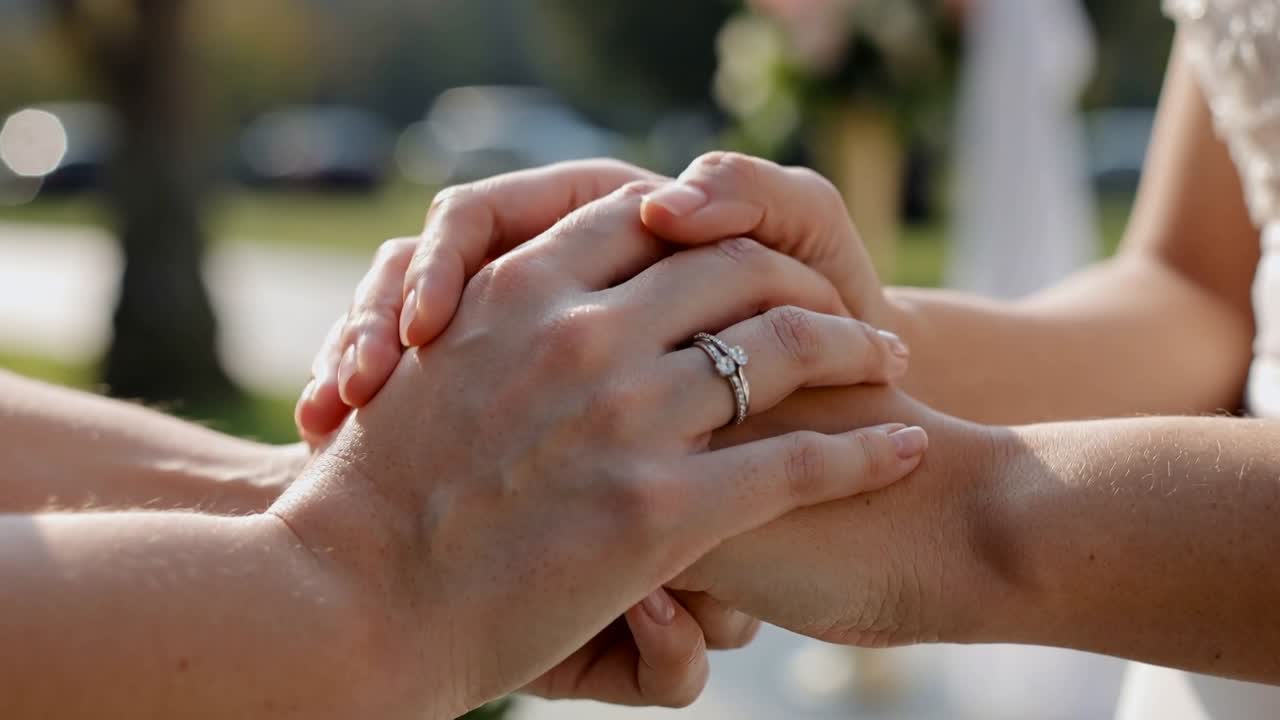 Clasping hands with vows starting, two women squeezing at outdoor venue, ring set and lace dress