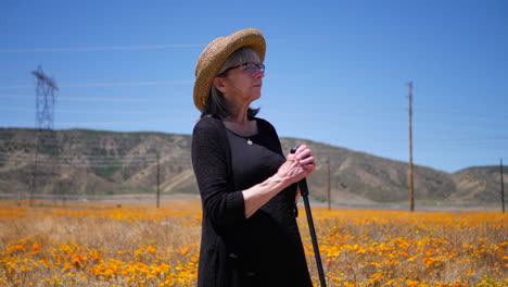 An-aging-woman-with-grey-hair-standing-in-a-field-of-orange-poppy-flowers-looking-out-at-the-mountains-and-blue-sky