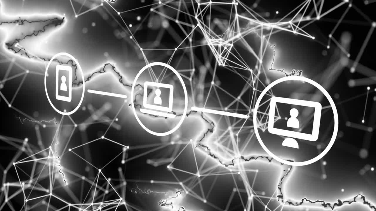 animación de iconos de medios y red de conexiones sobre fondo negro