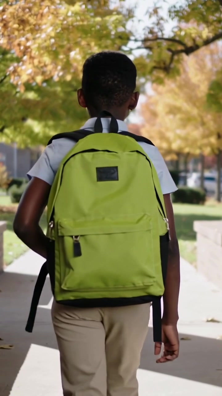 Vertical video: Camera tracking pupil walking away in white shirt khakis while adjusting green pack