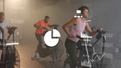 animation of financial data processing over diverse people using elliptical bikes on gym