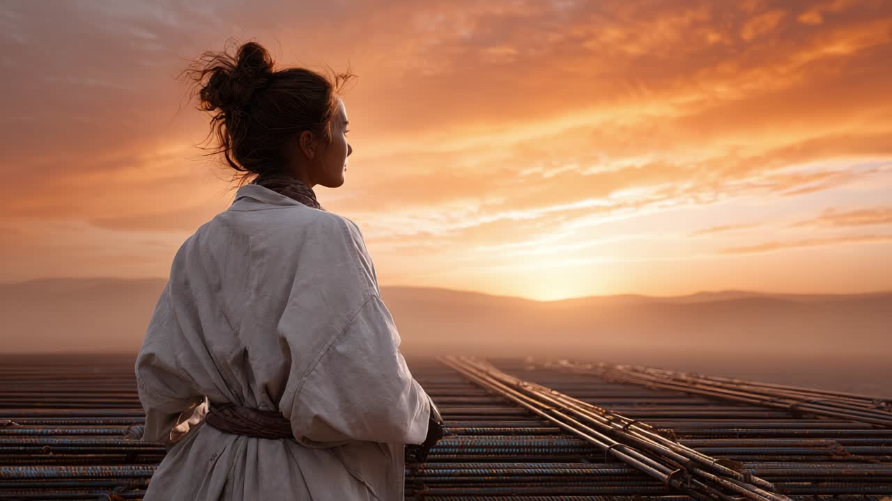 Una figura contemplativa osserva un tramonto mozzafiato, avvolta da delicate tonalità di arancione e rosa, con un sereno paesaggio che si estende sullo sfondo.