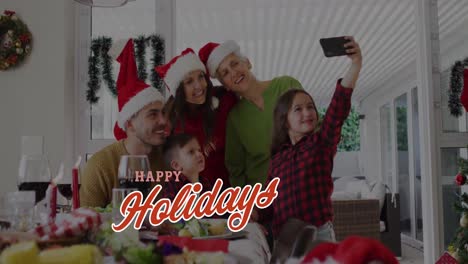 Animation-of-happy-holidays-text-over-caucasian-family-wearing-santa-hats